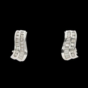 14k White Gold Round & Baguette Diamond Huggie Hoop Earrinngs