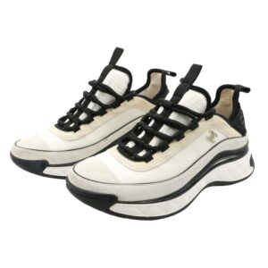 Chanel Suede Calfskin CC Sport Lace Up Sneakers in Ivory & Black, size 39.5