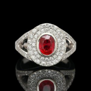 18k White Gold Ruby & Diamond Halo Ring