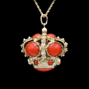 Vintage Etruscan Revival 18k Yellow Gold Red Coral Charm or Pendant