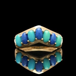 14k Yellow Gold Turquoise & Lapis Chevron Band Ring