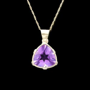 Handmade 14k Yellow Gold Amethyst Trilliant Pendant Necklace