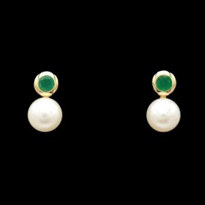 14k Yellow Gold 6.40 MM Pearl & Emerald Stud Earrings