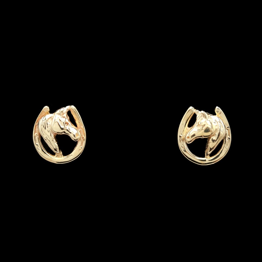 14k Yellow Gold Horse Profile in Horseshoe Stud Earrings
