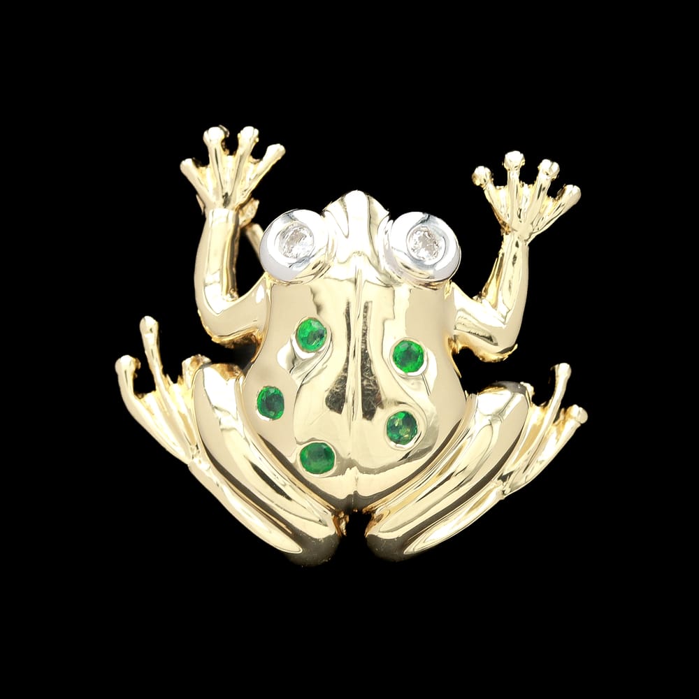 14k yellow gold diamond & emerald frog brooch