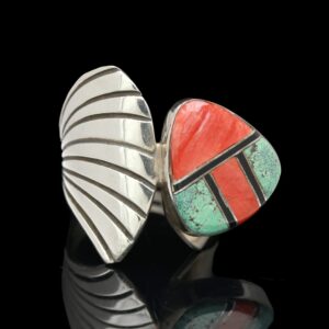 sterling silver turquoise & coral inlay ring