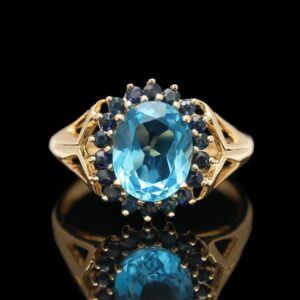 14k yellow gold swiss blue topaz & sapphire halo ring