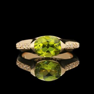 14k yellow gold east west set peridot & diamond ring