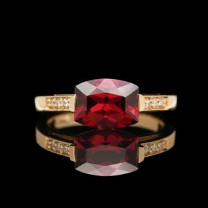 14k yellow gold east west set rhodolite garnet & diamond ring