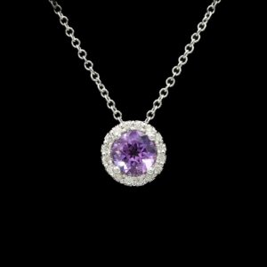 14k White Gold Amethyst & Diamond Halo Pendant Necklace