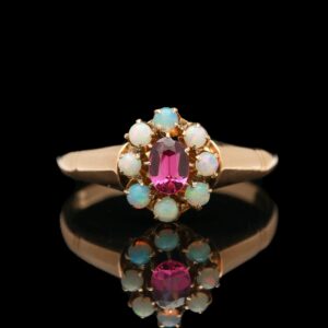 victorian 10k rose gold rhodolite garnet & opal halo ring