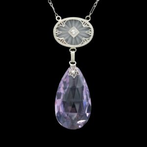 Art Deco 14k White Gold Amethyst, Diamond & Camphor Glass Pendant Necklace