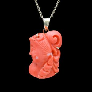 antique 14k carved coral female bust pendant necklace