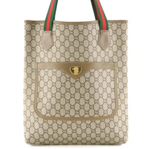 vintage gucci plus front pocket tote in gg supreme canvas, leather and web straps