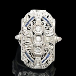 art deco 14k white gold diamond & sapphire shield ring