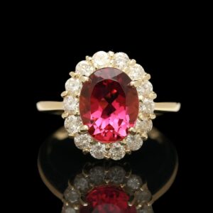 14k yellow gold 2.77 ct rubellite tourmaline & diamond halo ring