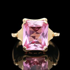 Vintage 10k Yellow Gold Lab Grown Emerald Cut Pink Topaz Ring