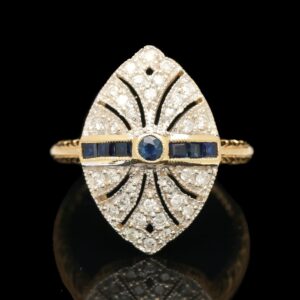 antique style 14k yellow gold sapphire & diamond shield ring