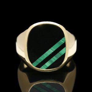 vintage 14k yellow gold onyx & malachite signet ring