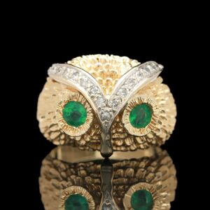 mid century 14k yellow gold emerald & diamond owl ring