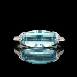 10k White Gold Checkerboard Faceted Half Moon Blue Topaz Ring