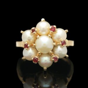 vintage coronation 14k yellow gold pearl & ruby ring