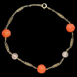 Antique 14k Yellow Gold Carnelian & Rose Quartz Bead Bracelet