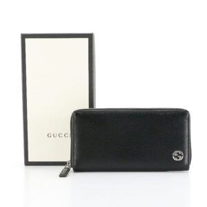 gucci interlocking gg zip around wallet in black grained leather, with box