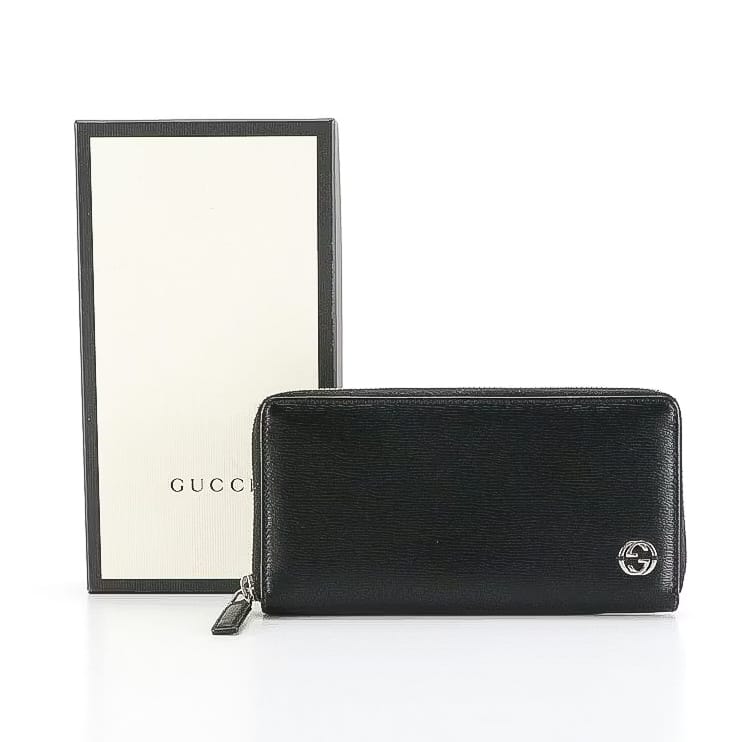 gucci interlocking gg zip around wallet in black grained leather, with box