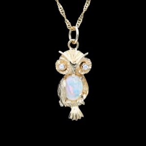 14k yellow gold opal & diamond owl pendant necklace
