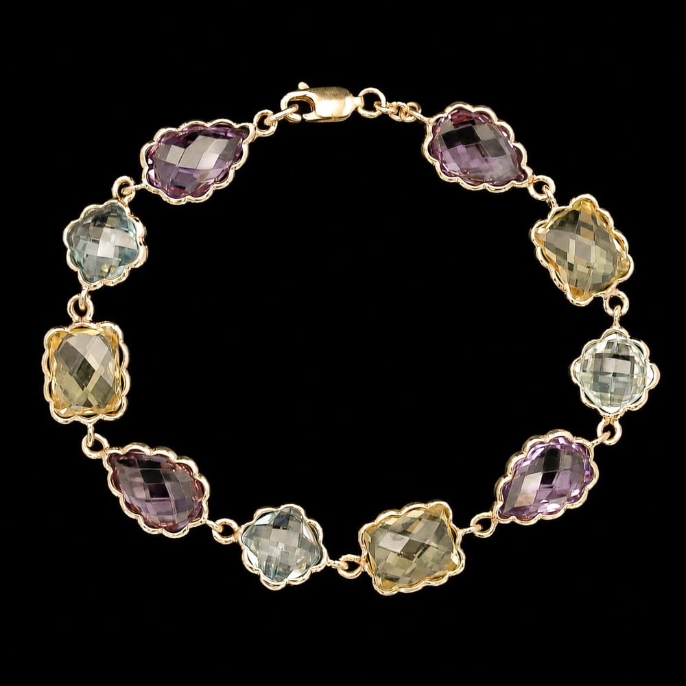 14k yellow gold amethyst, blue topaz & citrine briolette station bracelet