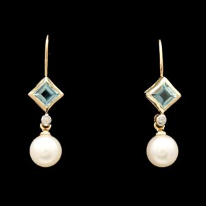 14k Yellow Gold Blue Topaz, Diamond, & Pearl Drop Earrings