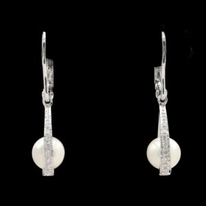14k White Gold 6.80 mm Pearl & Diamond Dangle Earrings