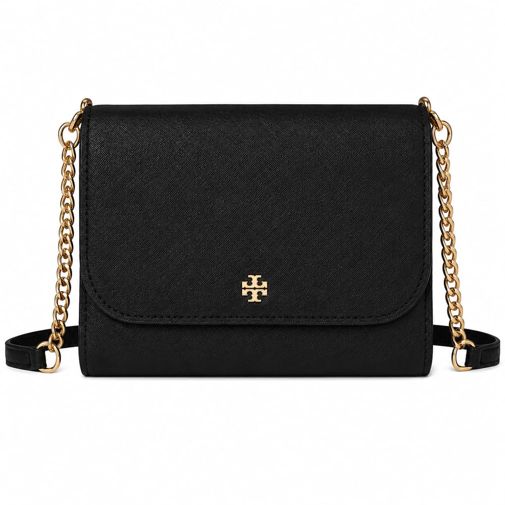 Tory Burch Emerson Chain Wallet in Black Saffiano Leather