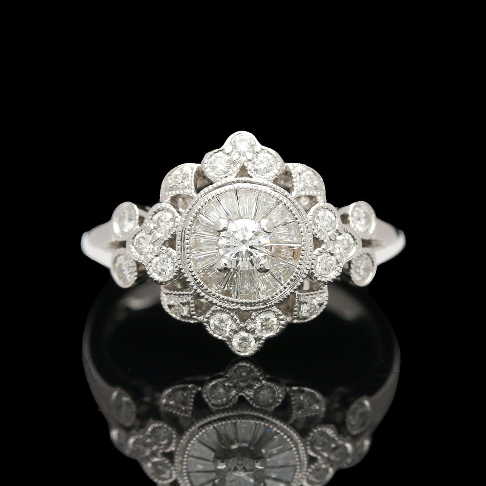 007-001770_1CAKe6IAH 18k white gold diamond halo filigree style ring with invisible set baguettes