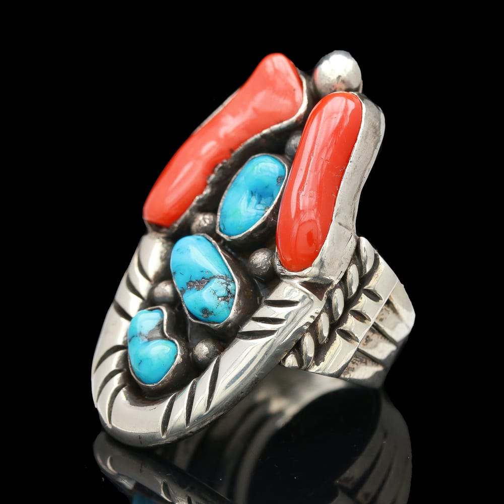 008-000652_1D12FvIAJ mary chavez, navajo, sterling silver turquoise & coral ring
