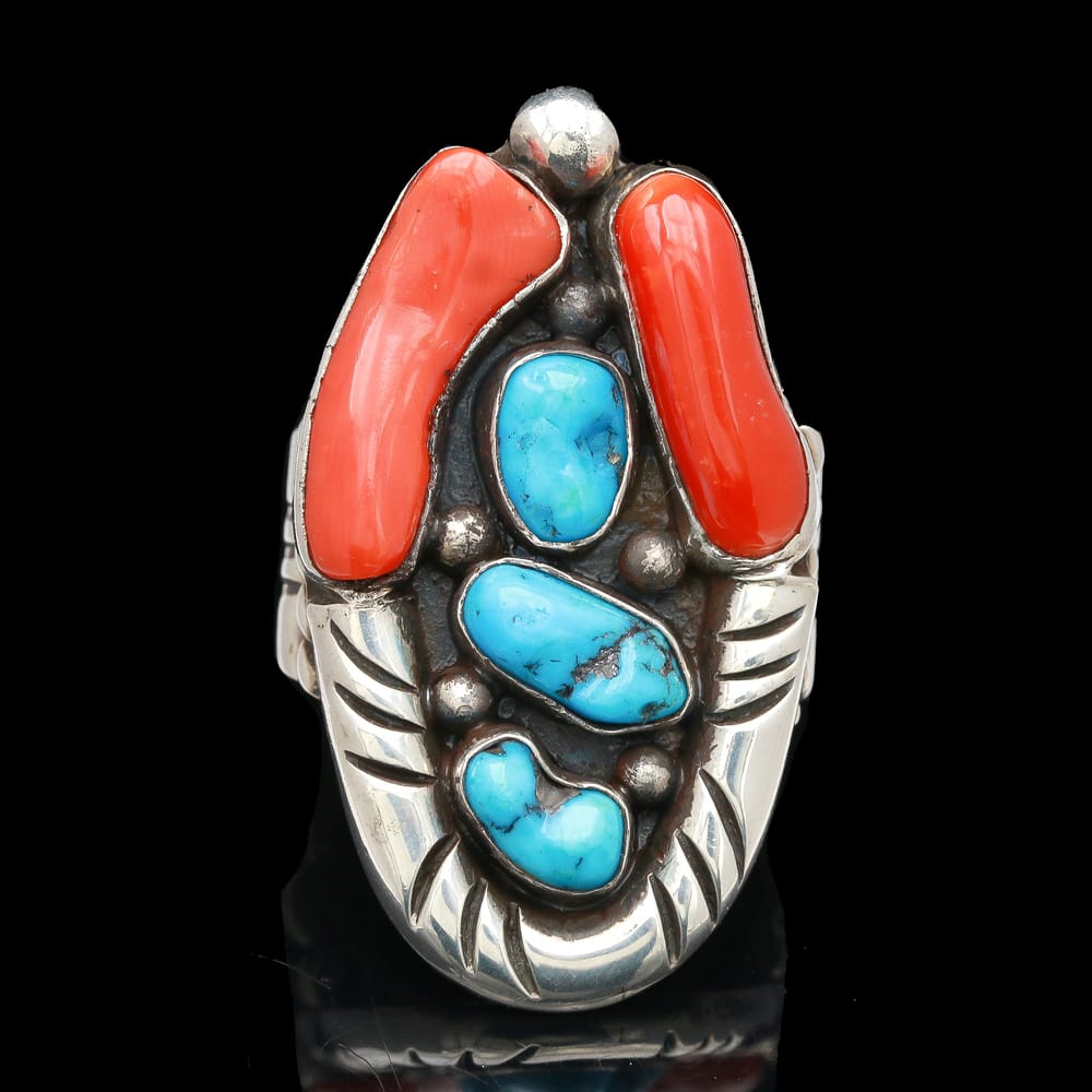008-000652_1D1Ex8IAF mary chavez, navajo, sterling silver turquoise & coral ring