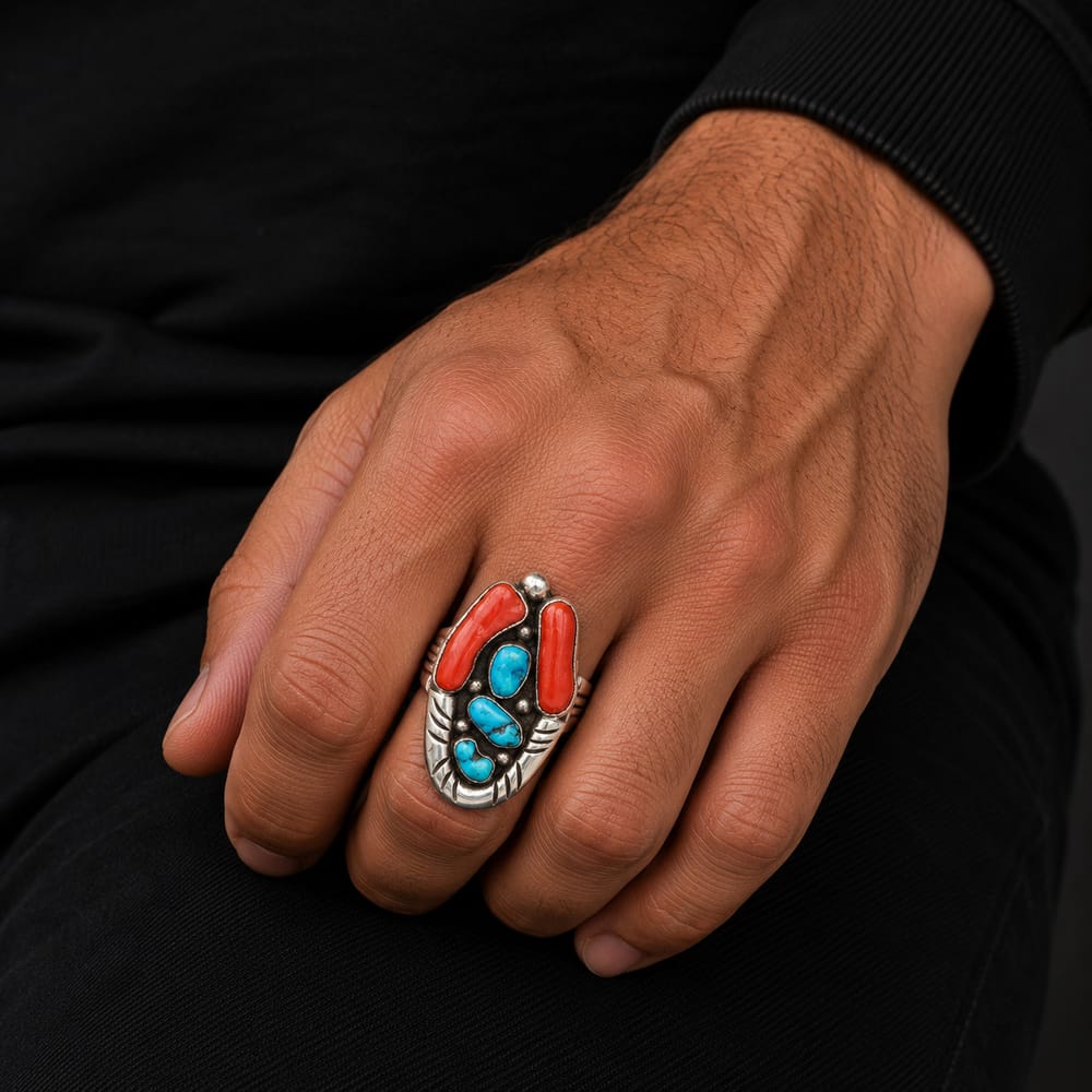 008-000652_1D1rDbIAJ mary chavez, navajo, sterling silver turquoise & coral ring