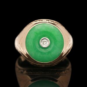 Antique Hand Engraved 14k Yellow Gold Jade & Diamond Ring