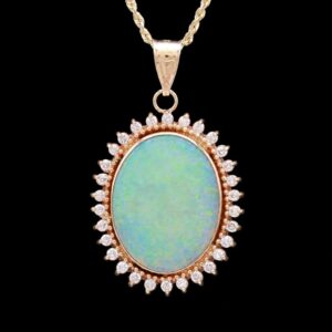 14k Yellow Gold Opal & Diamond Halo Pendant Necklace