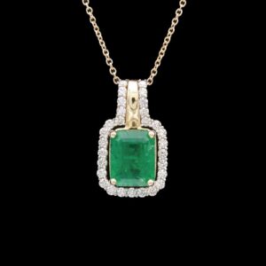 14k yellow gold emerald & diamond halo pendant necklace
