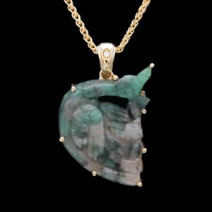 chromia 18k yellow gold carved emerald & diamond pendant necklace