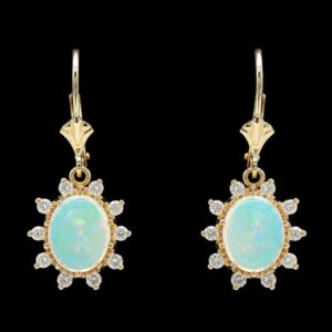 14k Yellow Gold Opal & Diamond Halo Dangle Earrings