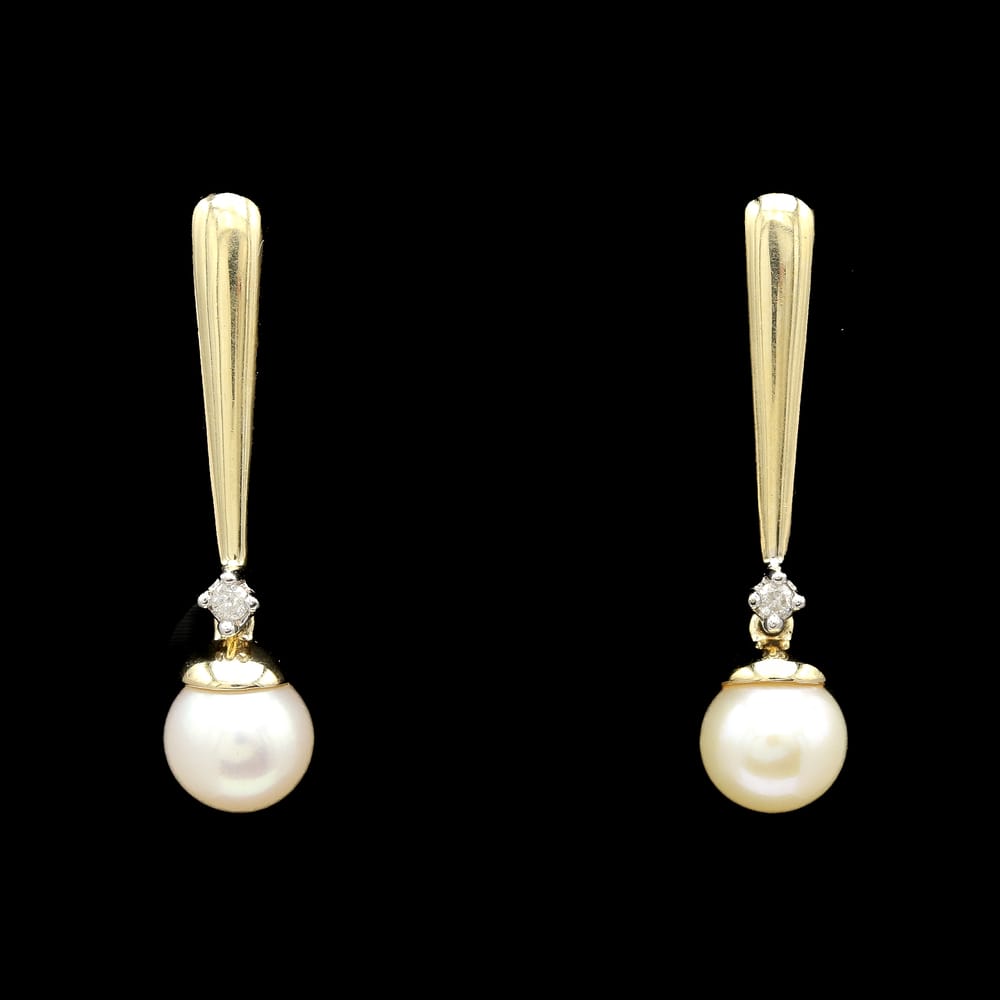 14k yellow gold 6.30 mm pearl & diamond drop earrings