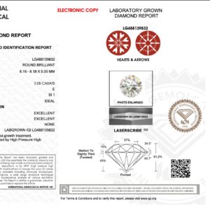lab grown 2.05 ct round brilliant cut diamond h/si1 with igi report