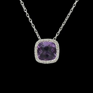 14k White Gold Amethyst & Diamond Halo Pendant Necklace