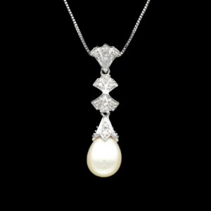 14k White Gold Diamond & Pearl Drop Pendant Necklace