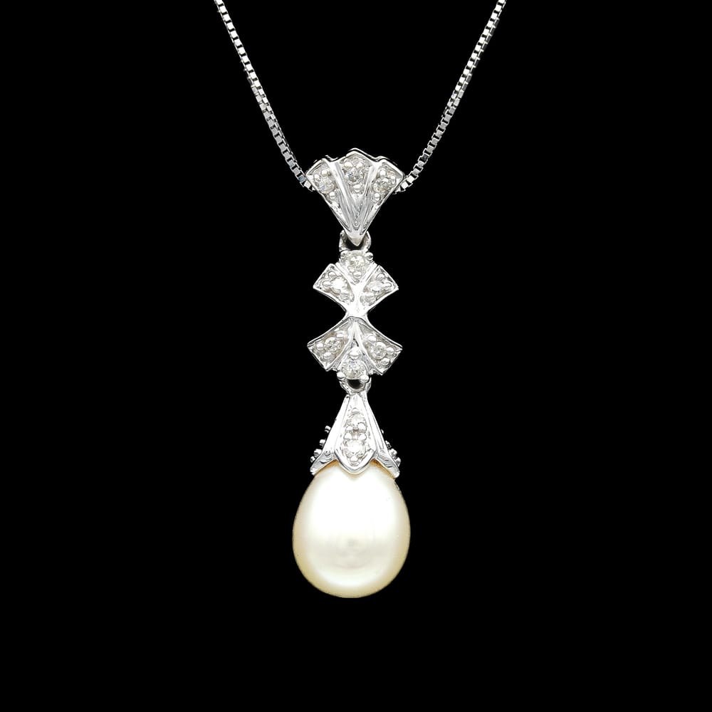 14k White Gold Diamond & Pearl Drop Pendant Necklace