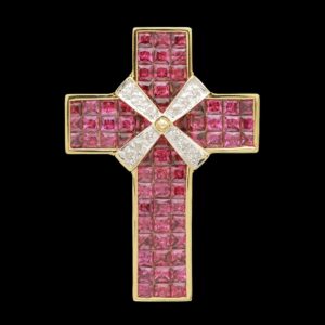 14k Yellow Gold Garnet & Diamond Cross Enhancer Pendant Necklace