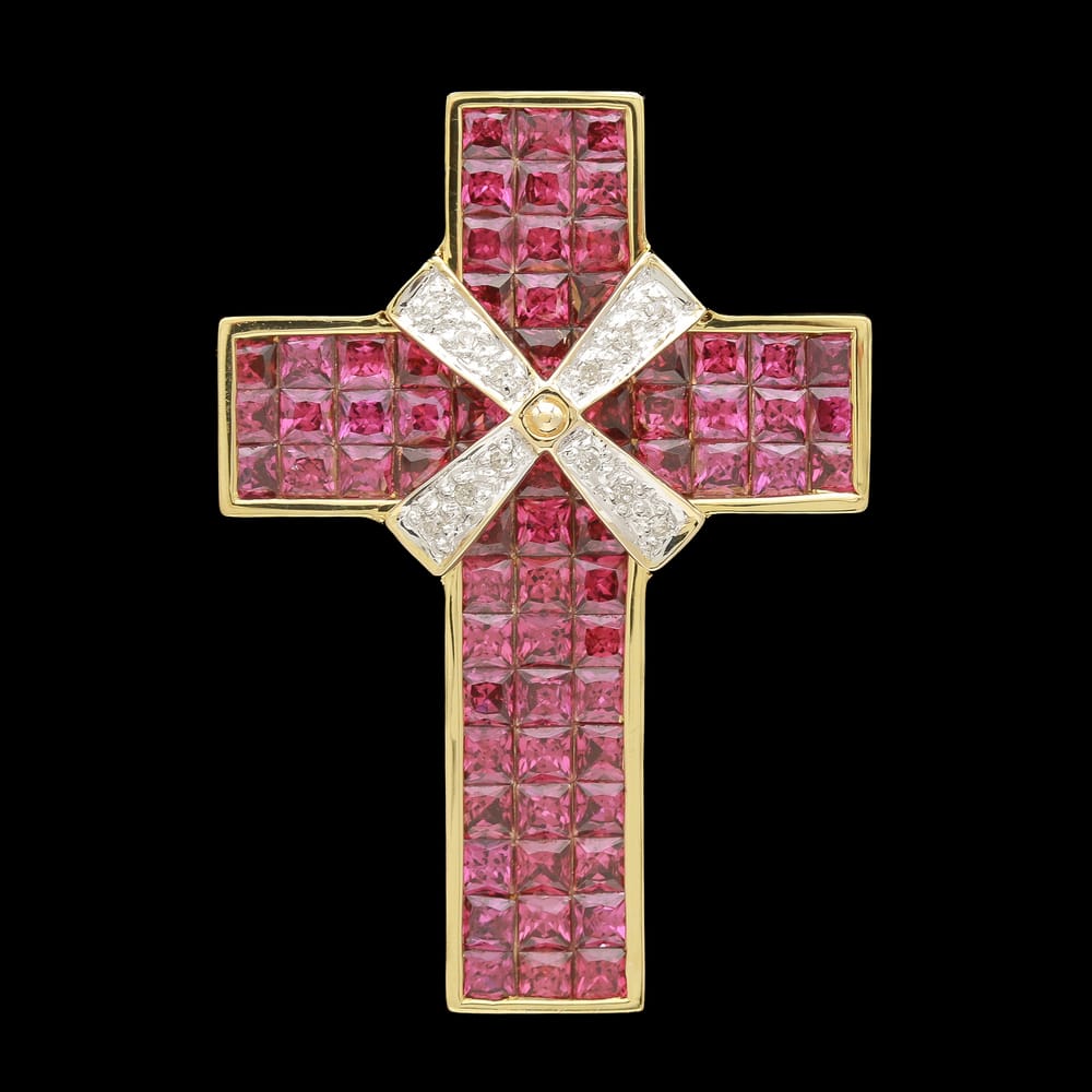 016-000065_1MSD29IAH 14k Yellow Gold Garnet & Diamond Cross Enhancer Pendant Necklace